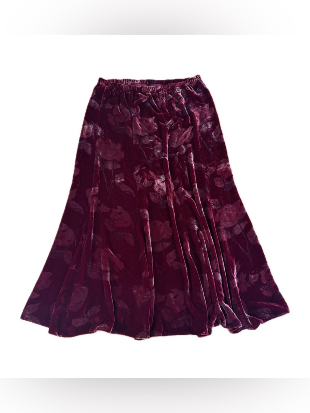 Coldwater Creek Velvet Floral Skirt 6P Petite Rayon Silk Elastic Waist Burgundy